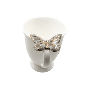 Porcelianinis puodelis su pilku drugeliu